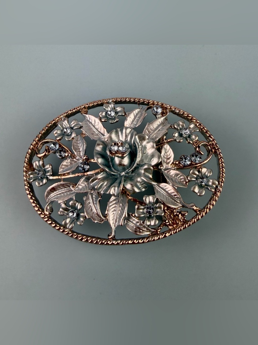 Vintage 1980s Blue & Silver Tone Floral Rose Rhinestone Belt Buckle